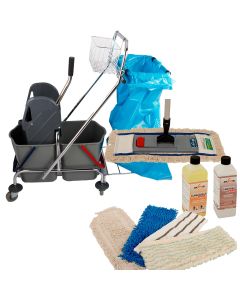 Wischmop Komplettset mit Doppelfahreimer Chrom 2x17 Liter mit Müllsackhalter und Ersatzmöppe und 2 x Profi Reinigungsmittel 50cm breit