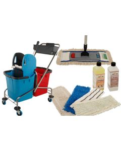 Wischmop Komplettset mit Doppelfahrwagen Reinigungswagen 25 Liter Chrom und Ersatzmöppe und 2 x Profi Reinigungsmittel 50cm breite