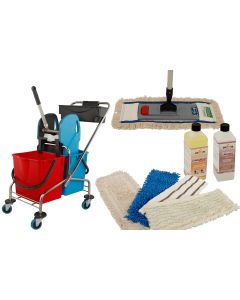 Wischmop Komplettset mit Doppelfahrwagen Reinigungswagen 17 Liter Chrom und Ersatzmöppe und 2 x Profi Reinigungsmittel 40cm breite
