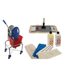 Wischmop Komplettset mit Einfachfahrwagen extra hoch 17 Liter und Ersatzmöppe und 2 x Profi Reinigungsmittel 50 cm breit