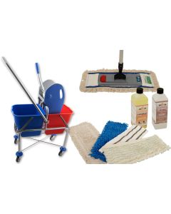 Wischmop Komplettset mit Doppelfahrwagen extra hoch und Ersatzmöppe und 2 x Profi Reinigungsmittel 40cm breit