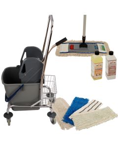 Wischmop Komplettset mit Einfachfahreimer Chrom 27 l - Platzwunder  und Ersatzmöppe und 2 x Profi Reinigungsmittel 40cm breit