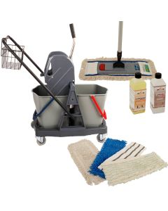 Wischmop Komplettset mit Doppelfahrwagen Reinigungswagen 17 Liter Kunststoff und Ersatzmöppe und 2 x Profi Reinigungsmittel 40cm breite